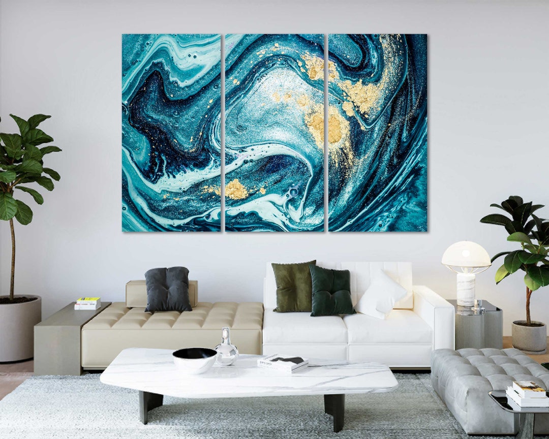 Blue and Gold Abstract Painting Art Wall Abstract Framed Canvas Wall ...