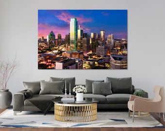 Stampa su tela con skyline di Dallas, Texas – Paesaggio urbano al tramonto con colori vivaci