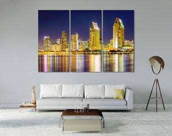 Impresión en lienzo de la ciudad de San Diego por la noche, arte colorido del horizonte
