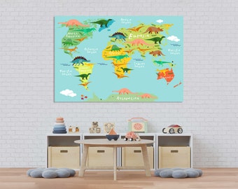 Dinosaur World Map Print – Educational Kids Room Decor
