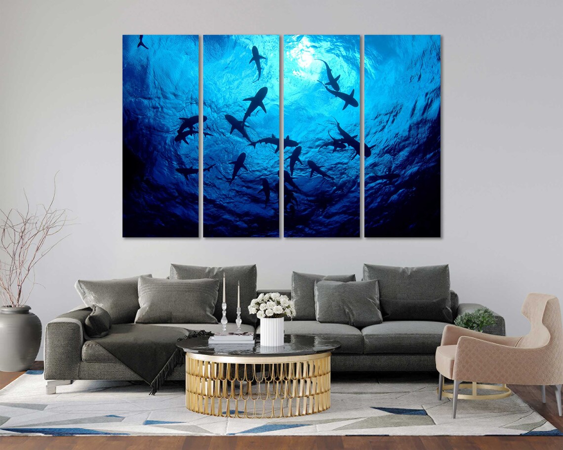 Sharks Underwater Wall Painting Decor Shark Printing on Canvas Etsy