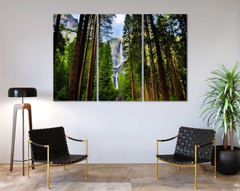 Yosemite Waterfalls behind Sequoias Canvas Wall art Yosemite Park Stylish Wall Decor Yosemite Waterfall Wall Paintings for Living Room