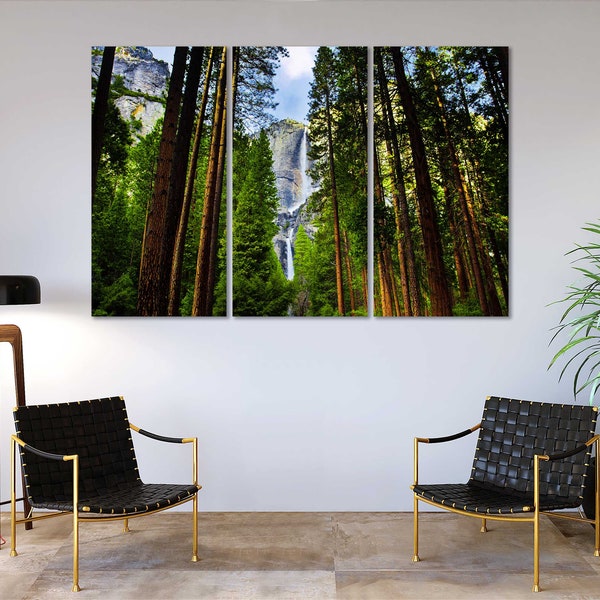 Yosemite Waterfalls behind Sequoias Canvas Wall art Yosemite Park Stylish Wall Decor Yosemite Waterfall Wall Paintings for Living Room