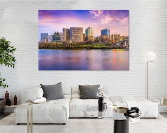 Rosslyn Virginia Skyline Canvas Print – Zachód słońca nad rzeką Potomak, wystrój miejski