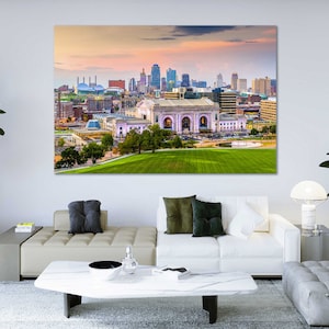 Kansas City Skyline Canvas Print – Union Station and Downtown View – Colorful Cityscape Wall Art for Home Office or Gift for Missouri Lovers