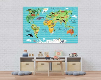 Kids Wall Art World Map with Animals, Nursery Geography Print