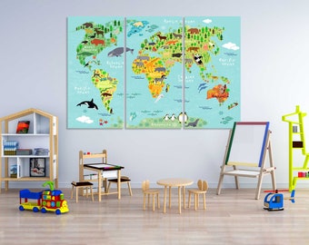 Nursery Wall Art World Map with Animals for Kids Room