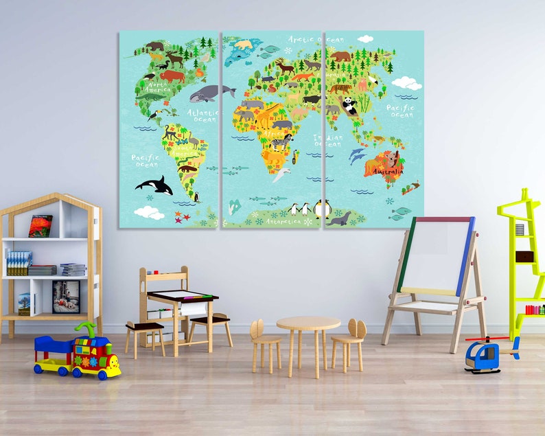 Nursery Wall Art World Map With Animals for Kids Room - Etsy