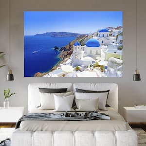 Santorini Greece Photography Print - Blue Dome Aegean Sea Wall Art