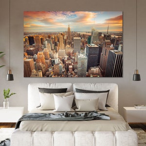 Vista del atardecer de la ciudad de Nueva York Manhattan Impresión en lienzo Conjuntos de pintura de moda de Nueva York Decoración Obra de arte de ciudad estadounidense para pared Habitación EE. UU.