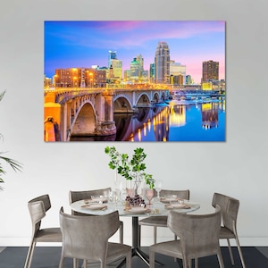 Stampa fotografica dello skyline di Minneapolis - Poster da parete con ponte sul fiume Mississippi / Paesaggio urbano, Decorazione per la casa con luci notturne urbane