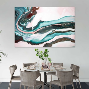 Abstract Fluid Art Canvas – Teal and Pink Modern Wall Art with Organic Marble Texture for Stylish Home, Office or Studio Decor