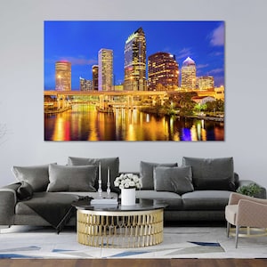 Tampa City Skyline na rzece Hillsborough Tampa City nocą Tampa Print Wall Art Floryda Dekoracja Sztuka do Domu Floryda Sztuka Fotograficzna