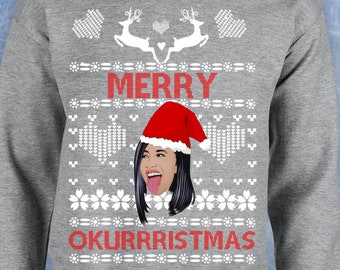 Cardi B Merry Okurrrr ugly christmas sweater wap cardi megan the stallion migos xmas gift bodak yellow rapper Crewneck Sweater Hoodie 680