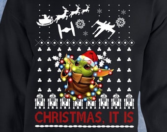 Baby Yoda Star Wars ugly christmas sweater funny darth vader xmas skywalker r2d2 storm trooper mandalorian tumblr Crewneck Sweater Hoodie 45
