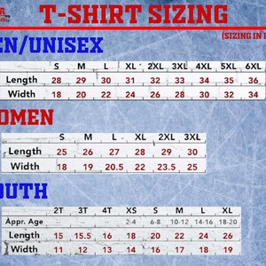 K&ouml;nnte beinhalten: Eine Tabelle mit T-Shirt-Gr&ouml;&szlig;en in Zoll f&uuml;r M&auml;nner/Unisex, Frauen und Kinder. Die Tabelle enth&auml;lt die Ma&szlig;e f&uuml;r L&auml;nge und Breite in Zoll f&uuml;r jede Gr&ouml;&szlig;e.