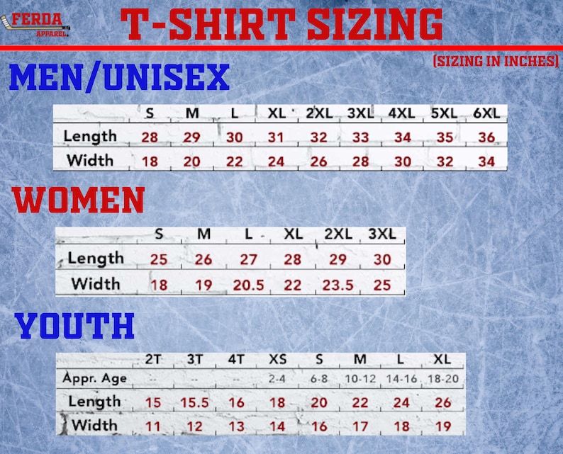 K&ouml;nnte beinhalten: Eine Tabelle mit T-Shirt-Gr&ouml;&szlig;en in Zoll f&uuml;r M&auml;nner/Unisex, Frauen und Kinder. Die Tabelle enth&auml;lt die Ma&szlig;e f&uuml;r L&auml;nge und Breite in Zoll f&uuml;r jede Gr&ouml;&szlig;e.