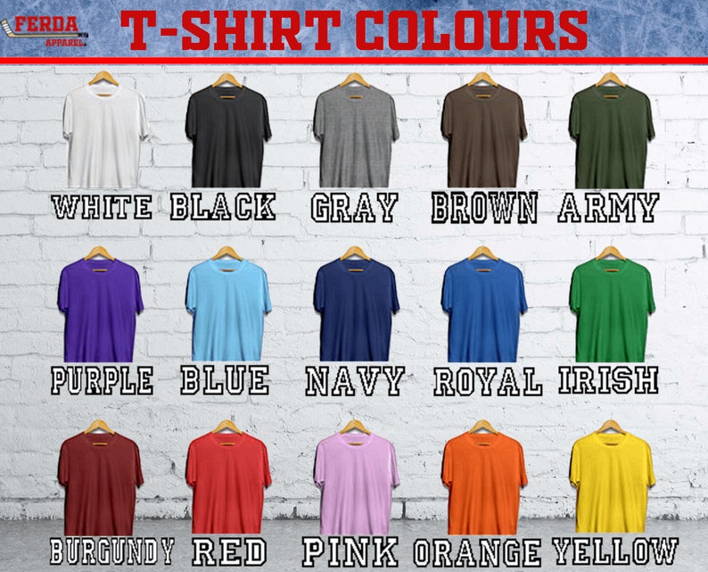 K&ouml;nnte beinhalten: Eine Tabelle mit T-Shirt-Farben, wobei die Namen der einzelnen Farben unter den Shirts stehen. Die Farben umfassen Wei&szlig;, Schwarz, Grau, Braun, Armee, Lila, Blau, Marine, Royal, Irisch, Burgunder, Rot, Rosa, Orange und Gelb.