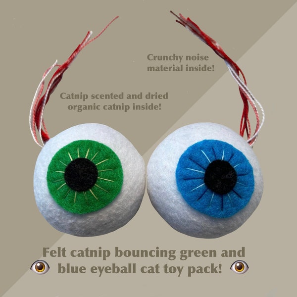 2 pack of felt catnip-scented eyeball cat toys (1 green eye and 1 blue eye)