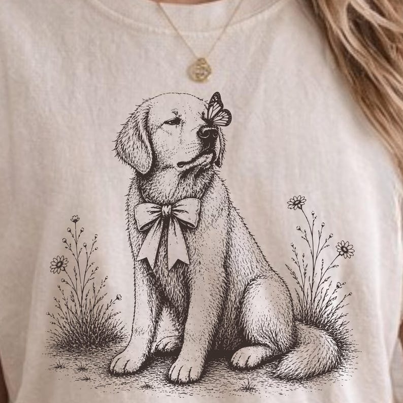 Camiseta Golden Retriever con Mariposa, Camiseta Vintage para Perros, Regalo para Amantes de los Perros con Estilo Cottagecore Floral imagen 1