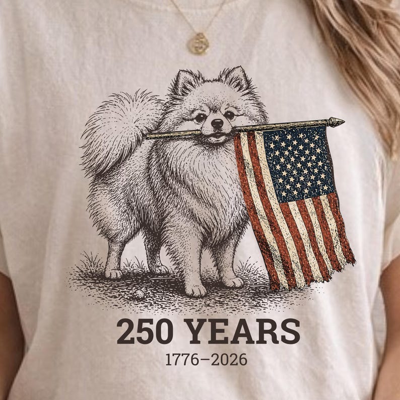 Pomeranian 4th of July Shirt, 250 Years 1776 2026 Tee, Patriotic Pom Dog Shirt, Vintage America Graphic Tee, Independence Day Shirt image 1