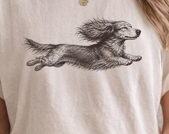 Leaping Dachshund Shirt, Long Haired Wiener Dog Tee, Vintage Doxie Graphic Tee, Running Dog Shirt, Comfort Colors Dog Lover Tee
