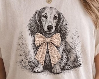 Coquette Dachshund Shirt, Long Haired Wiener Dog Bow Tee, Vintage Etch Dog Shirt, Feminine Dog Lover Tee, Cottagecore Dog Mom Shirt