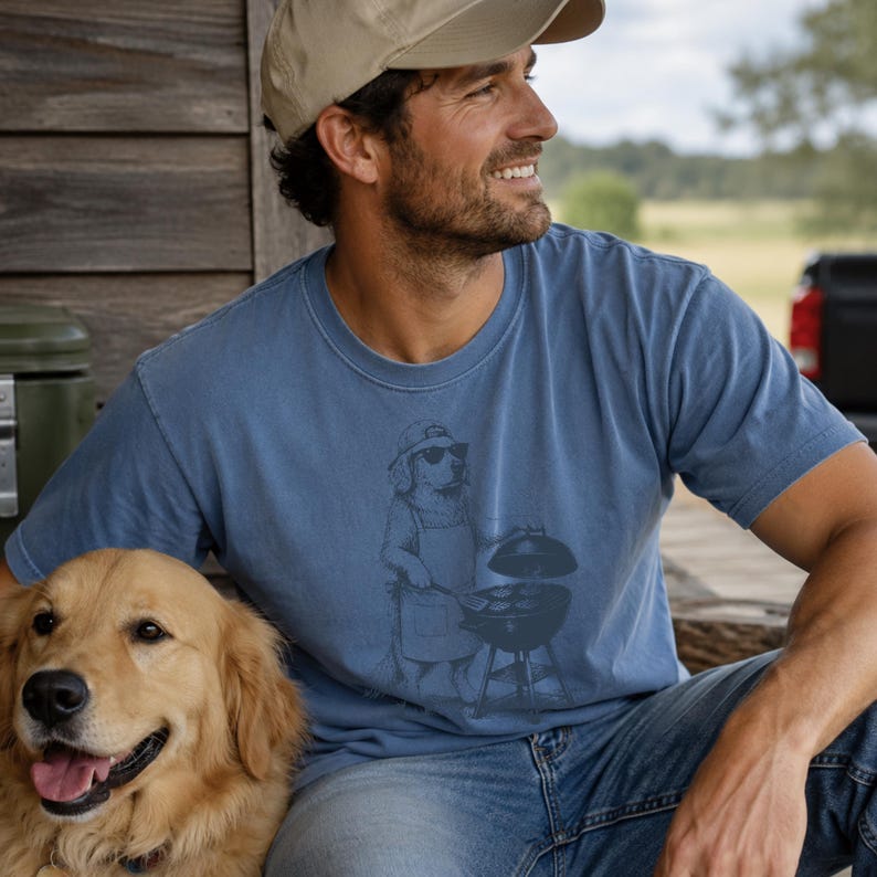 Shirt Golden retriever grillen, shirt grappige hond vader, Vaderdag hondenshirt, vintage golden retriever T-shirt, BBQ vader shirt comfortabele kleuren afbeelding 3