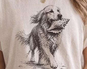 Golden Retriever Beach Shirt, Coastal Dog Lover Tee, Vintage Etched Golden Retriever Shelling Shirt, Summer Beach Dog Comfort Colors Tee