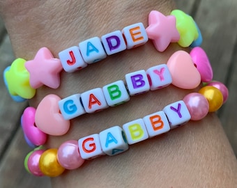 Personalized jewelry for kids, name bracelet for girls/toddlers, colorful rainbow beaded bracelet, stretchy bracelets, stackable bracelets.
