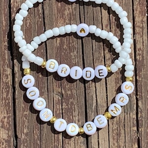 Personalized Custom Beaded Bracelet Bride Soon To Be Mrs w/ Heart Bead Accent, Stackable Bracelet, Stretchy Bracelet, A Great gift!