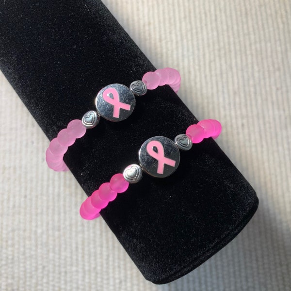 Breast Cancer Awareness Pink Stretch Bracelet, Frosted Transparent 6mm Round Glass Bead, Silver Heart beads, Metal Ribbon bead, Cancer gift!