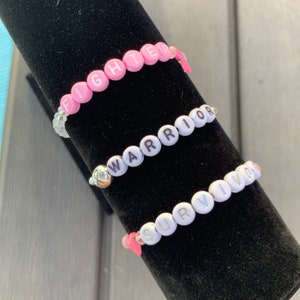 Breast Cancer Awareness Pink Stretch Bracelet, Glass Bead, Metal Ribbon bead, Custom Name Bracelets, Beaded Bracelet, Breast Cancer Gift!