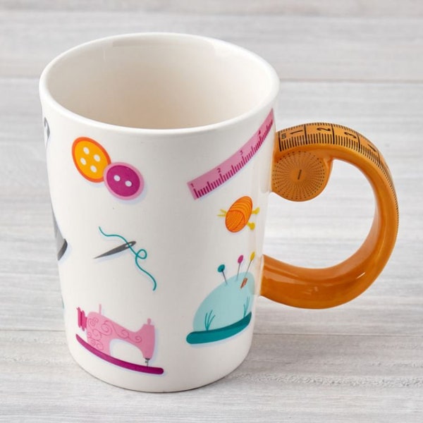 Tape Measure Shaped Handle Mug, Scissors Shaped Handle Mug, Sewing Theme Mugs, Great Gift Idea