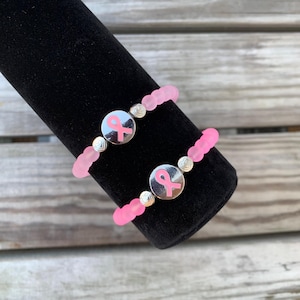 Breast Cancer Awareness Pink Stretch Bracelet, Frosted Transparent 6mm Round Glass Bead, Silver Heart beads, Metal Ribbon bead, Cancer gift!