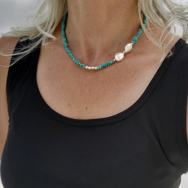 Turquoise + baroque freshwater pearl choker necklace, sterling silver, december birthstone, genuine gemstone