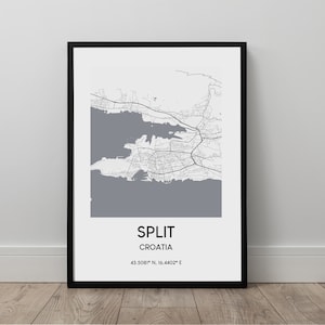 Split Map Print Split City Map Poster Kroatien Reisedruck Schwarz-Weiß Koordinaten Minimalistisches Wand Dekor Druck Geschenk