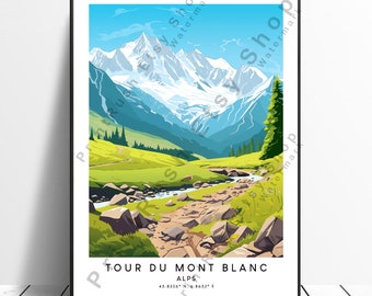 Tour du Mont Blanc Travel Print Colourful Tour du Mont Blanc Poster Tour du Mont Blanc Print Minimalist Wall Art Gift  Print