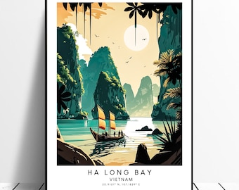 May include: A colorful illustration of Ha Long Bay in Vietnam. The image features a traditional Vietnamese boat with people on board, sailing through a bay surrounded by lush green mountains and palm trees. The sun is shining brightly in the sky, and the water is a vibrant blue.