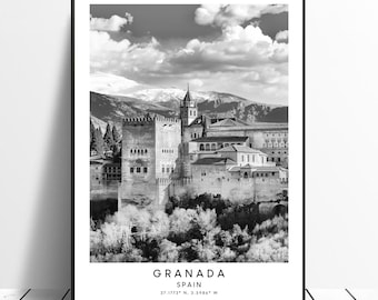 Granada Travel Print Granada Wall Art Black and White Granada City Art Print Minimalist Granada Spain Poster Alhambra Palace Print