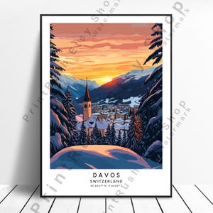 Davos Travel Poster Swiss Alps Winter Art Davos Ski Resort Print Switzerland Wall Decor Switzerland Gift for Travel Lovers