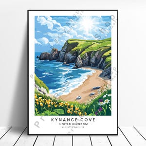 Impresión de viaje de Kynance Cove para colgar en la pared Arte de pared de Kynance Cove Impresión colorida de Kynance Cove Decoración del hogar Ilustración de Cornualles Regalo Arte