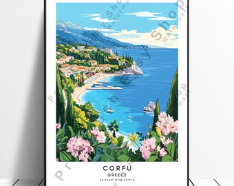 May include: A colorful illustration of a coastal town in Corfu, Greece. The image features a view of the town from a hillside, with the Mediterranean Sea in the foreground. The town is built on a hillside, with white buildings and green trees. The sea is a bright blue, and the sky is a light blue. The image is framed by a black border.