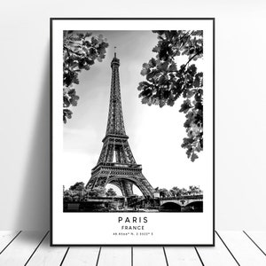Paris Travel Print Black and White Eiffel Tower Poster Paris Print Paris Coordinates Poster Minimalist Paris Wall Art Paris Gift Print