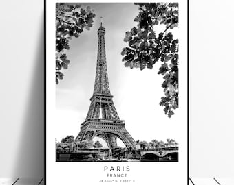 Paris Travel Print Black and White Eiffel Tower Poster Paris Print Paris Coordinates Poster Minimalist Paris Wall Art Paris Gift Print