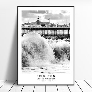 Brighton United Kingdom Wall Art Print Black and White Brighton Coordinates Art Print Minimalist Brighton Poster Brighton Travel Print Gift