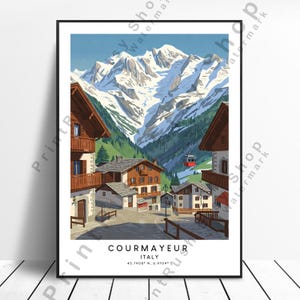 Courmayeur Travel Poster Italian Alps Ski Lift Print Snow Chalet Wall Art Mountain Landscape Print Courmayeur Print Decor Courmayeur Poster