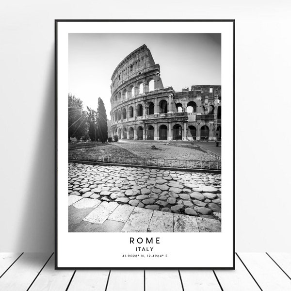 Impression voyage Rome Italie Impression Colisée noir et blanc Coordonnées emblématiques Art mural Rome minimaliste Poster mural Rome Impression cadeau Rome