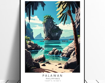 Può includere: Un'illustrazione colorata di una scena di isola tropicale con una grande formazione rocciosa nell'acqua. L'immagine è incorniciata da un bordo nero e include il testo "PALAWAN PHILIPPINES 9.8349° N, 118.7384° E".