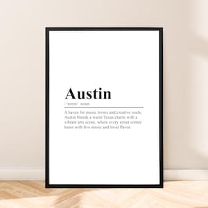 Austin Texas Print Austin Wall Art Austin Poster Wall Hanging Austin Travel Print Minimalist Austin Art Home Decor Gift Dictionary Poster